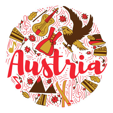Austria Landmark Travel and Journey Infographic Vector Design. Austria country design template. Template for souvenir Greeting Card, cup, t-shirt, notebook.