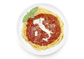 Dish of pasta with parmesan cheese shaped as Italy.(series)