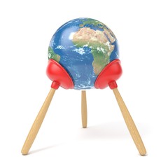 Planet Earth stand on three red kitchen plunger 3D