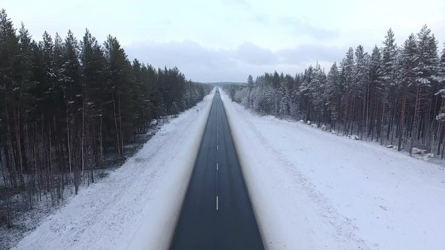 Empty asphalt road at winter season. Top view from back flying drone. Evergreen woods. North of Russia
