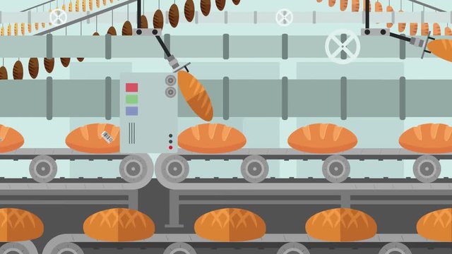 Many kinds of Bread in a Factory Conveyor in Cartoon Style