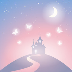Vector fantasy castle silhouette on the hill. Fairy tale fantasy castle. Illustration of mysterious night landscape. © evgladysh
