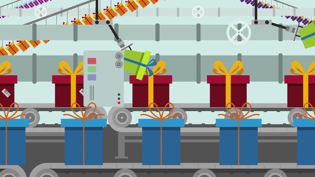 Colorful Gift Boxes on a Factory Conveyor Cartoon Style