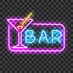 Glowing neon bar sign BAR isolated on transparent background. Shining and glowing neon effect. All elements are separate units with wires, tubes, brackets and holders.