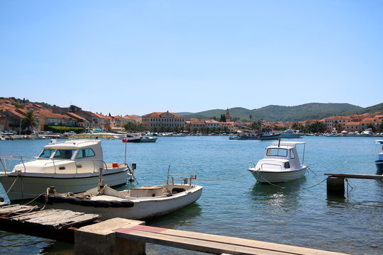 Small boats in port of Vela Luka, on island Korcula, Croatia. 