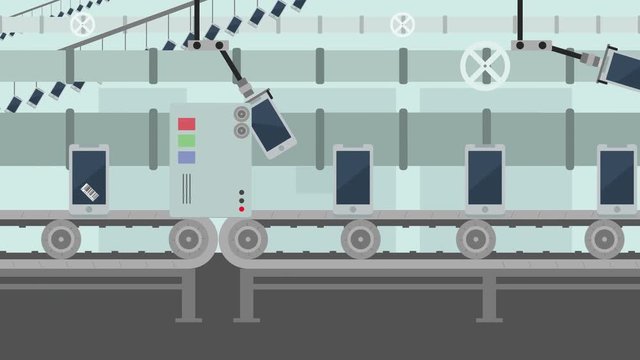 Smartphones on a Factory Conveyor Cartoon Style