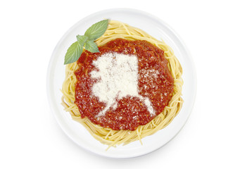 Dish of pasta with parmesan cheese shaped as Alaska.(series)
