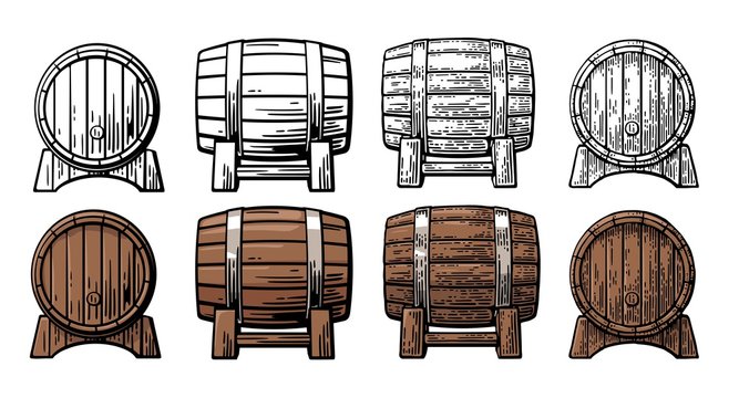 Wooden barrel front and side view engraving vector illustration