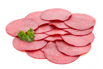 Salami smoked sausage one slice isolated on white background cut
