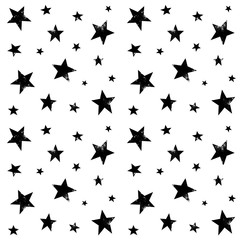Fototapeta na wymiar Textured stars background, pattern, wallpaper. Grunge space halftone texture. Black and white galaxy star set. Hand drawn vector illustration, isolated