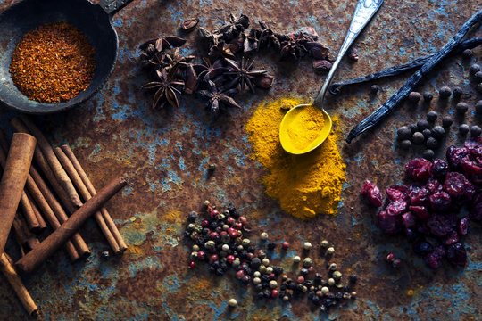 Close-Up overhead view of an assorted arrangement of spices
