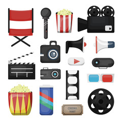 Vector collection of isolated cinema elements and director equipment on the white background. Concept of movie industry and filming.