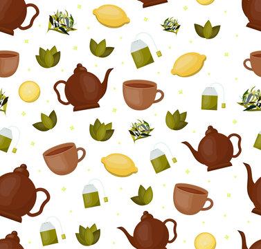 Vector cartoon seamless pattern of tea theme for gift wrapping paper, covering and branding on the white background. Concept of asian drink and tea ceremony.