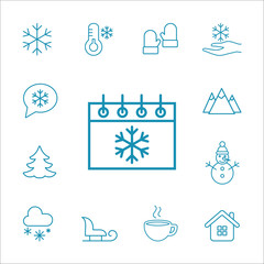 Fototapeta na wymiar winter cold snow line icons set blue on white