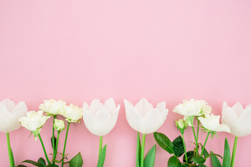 Floral bouquet isolated on pink background. Flat lay, Top view.