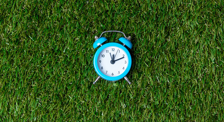 Blue little retro alarm clock on green grass background, above v