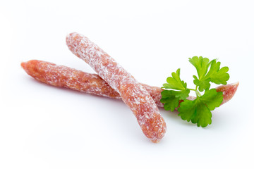 Smoked sausage salami isolated on a white background.