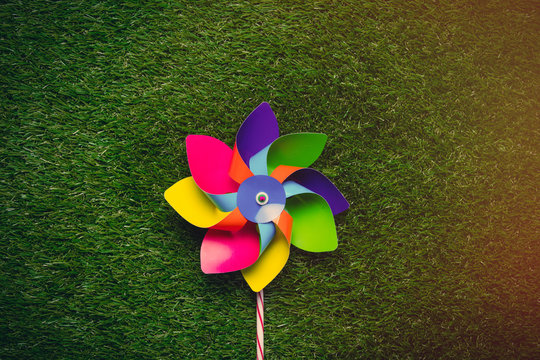 Multi colored pinwheel on spring green glass background, above v