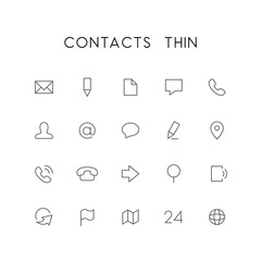 Contacts thin icon set - envelope, pencil, document, phone, chat, mail, man, arrow, globe, map, address  and others simple vector symbols. Website and business signs.