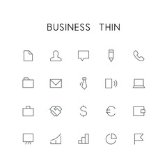 Business thin icon set - document, businessman, chat, pencil, phone, mail, folder, tie, notebook, dollar, euro, wallet, graph and others simple vector symbols. Work and job signs.