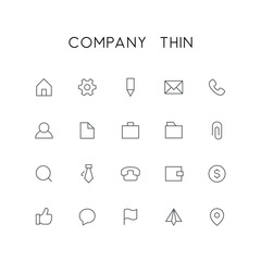 Company thin icon set - home, pinion, pencil, file, phone, chat, mail, folder, briefcase, paper clip, money, wallet, flag, address and others simple vector symbols. Business and contacts signs.