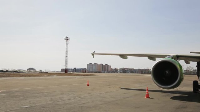 Turbojet 4-bladed engine of Russian passenger aircraft. This model is first-ever passenger plane with FBW (Fly by wire) system, cabin of crew equipped with side handles of management instead of usual