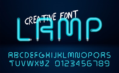 Creative realistic lamps font. Light Bulb Text Effect. Vector light bulb lamp alphabet, isolated on dark background. Vector illustration