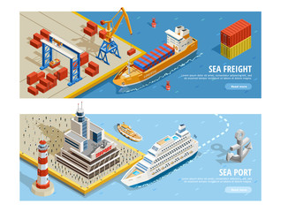 Fototapeta premium Sea Transportation Isometric Horizontal Banners