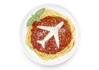 Dish of pasta with parmesan cheese shaped as an airplane.(series