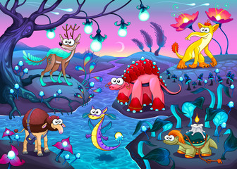 Obraz na płótnie Canvas Group of funny animals in a fantasy landscape
