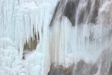Winter scene of the frozen Plitvice lakes, National park in Croatia