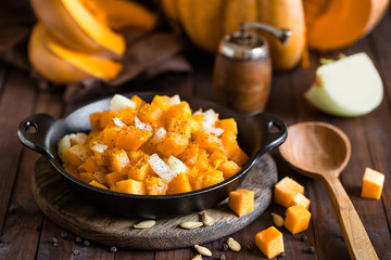roasted pumpkin and onion, vegetable garnish