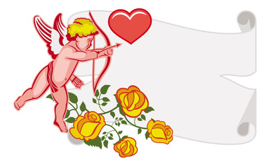 Paper scroll with Cupid, roses and hearts. 