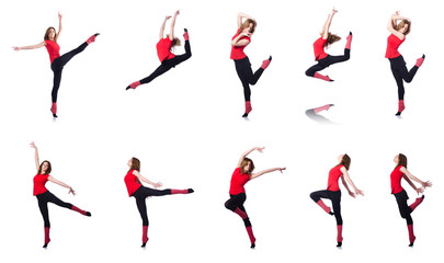 Young gymnast exercising on white