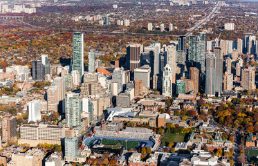 Obraz na płótnie Canvas Aerial of Toronto Bloor and Yonge Street showing Varsity Stadium and University of Toronto.