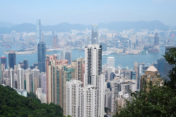 Fototapeta premium Cityscape from high view, building and sea harbor background