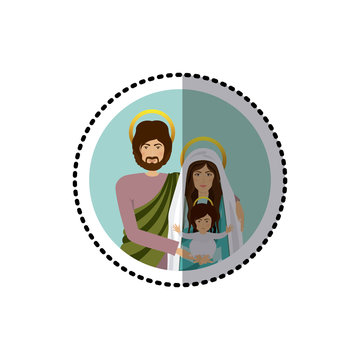 circular sticker with half body picture of sacred family vector illustration