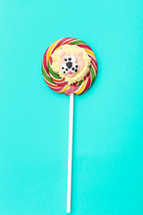 Composition of lollipops, candy pattern, top view flat lay