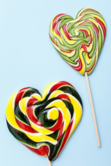 Composition of lollipops, candy pattern, top view flat lay