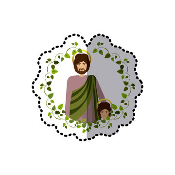 Sticker Arch Of Green Leaves With Half Body Saint Joseph With Baby Jesus Vector Illustration