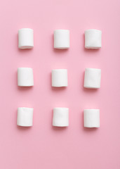 marshmallow pattern, top view flat lay on colorful background