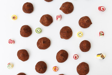 Truffles pattern, top view flat lay of various chocolate