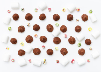 Truffles pattern, top view flat lay of various chocolate