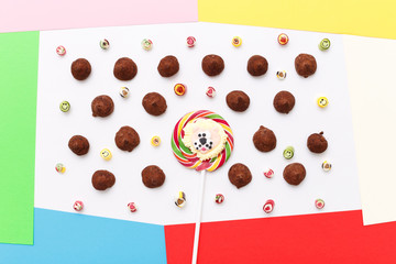 Truffles pattern, top view flat lay of various chocolate