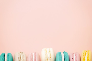 Macarons cake, top view flat lay, handmade pattern on pink backg - 134267996