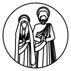 circular contour with virgin mary and saint joseph praying vector illustration