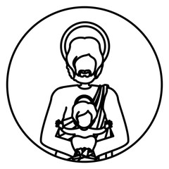 circular shape with contour half body saint joseph with baby jesus vector illustration