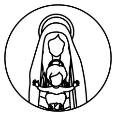 circular shape with contour half body saint virgin mary with baby jesus vector illustration