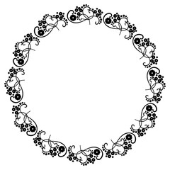 Round black and white frame with abstract decorative flowers. Copy space.