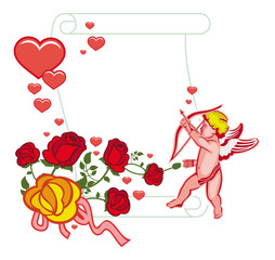 Paper scroll with Cupid, roses and hearts. 